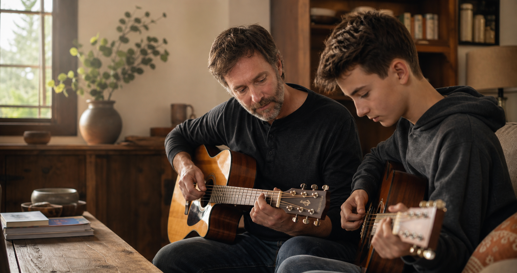 An online guitar lesson with a teacher demonstrating technique to a student